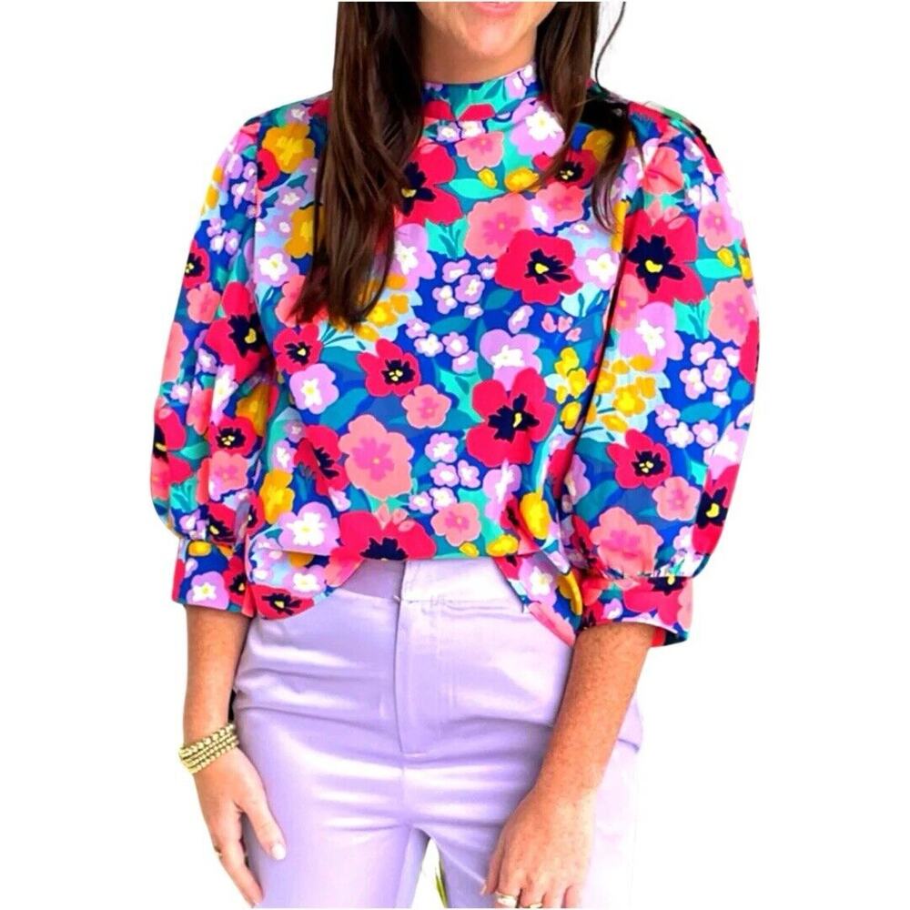 NWT SUR LA VAGUE Floral Pink Blue Top Blouse High Neck Puff Sleeves Boho Frieda